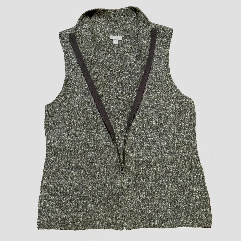 J. JILL Brown Marled Full Zip Mock Neck Sweater Vest Wool Blend Rib Trim Size M